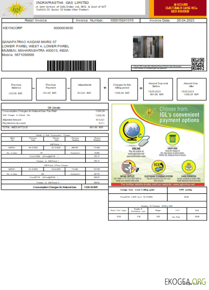 Facture d'entreprise de services publics d'Indraprastha Gas Limited (IGL), SCR